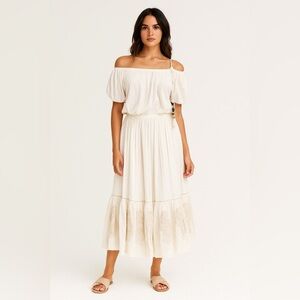 ANTHROPOLOGIE FABINDIA Gold Embroidered Maxi Skirt White